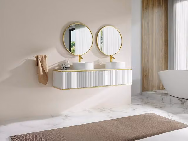 Vente-unique Suspended Grooved Bathroom Cabinet with 2 Drawers and Gold Trim in White