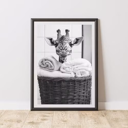 60 SECOND MAKEOVER Giraffe Towels and Laundry Basket Animal Print Paper Poster, W/H: 21.0 x 29.7 cm