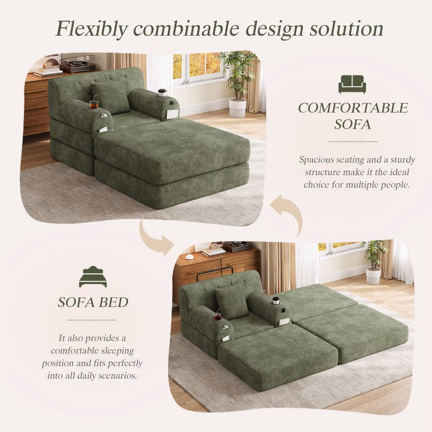 Aosom UK Green Corduroy Sleeper Chair with Ottoman and Metal Frame, Convertible 1-Seater Sofa Bed, W/D/H: 162 x 107 x 81 cm – 3