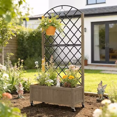 Outsunny Brown Carbonised Wood Raised Garden Bed with Metal Trellis and Lockable Wheels, W/D/H: 168 x 72 x 36 cm – 6