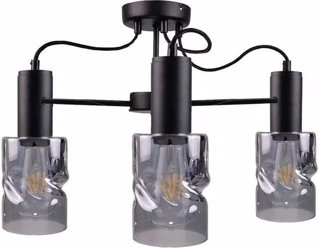 Netlighting Inger Multi Arm Semi Flush Ceiling Light in Black with 3x E27 Transparent Glass Cylinders, Diameter: 60 cm