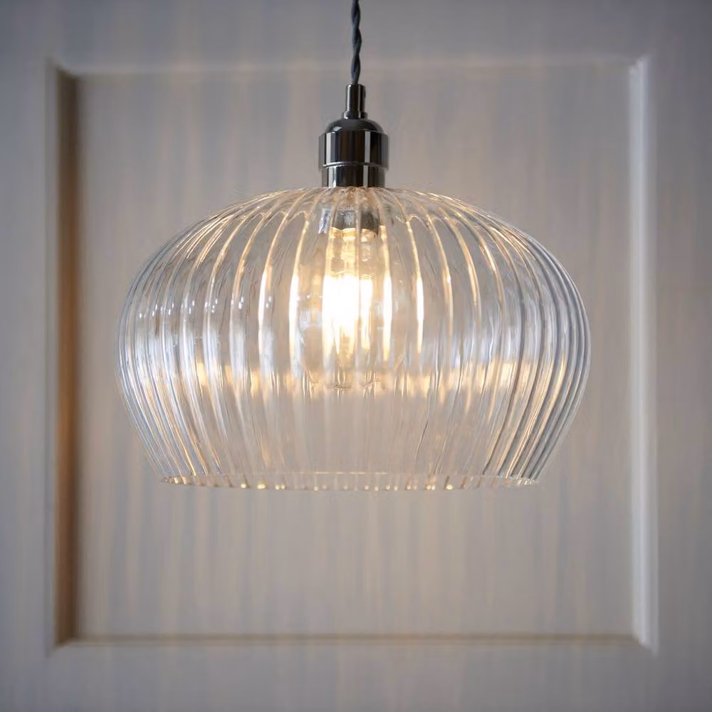 Netlighting Livorno Dome Pendant Light with Grey Transparent Ribbed Glass and Height Adjustable Silver Metal Frame – 2