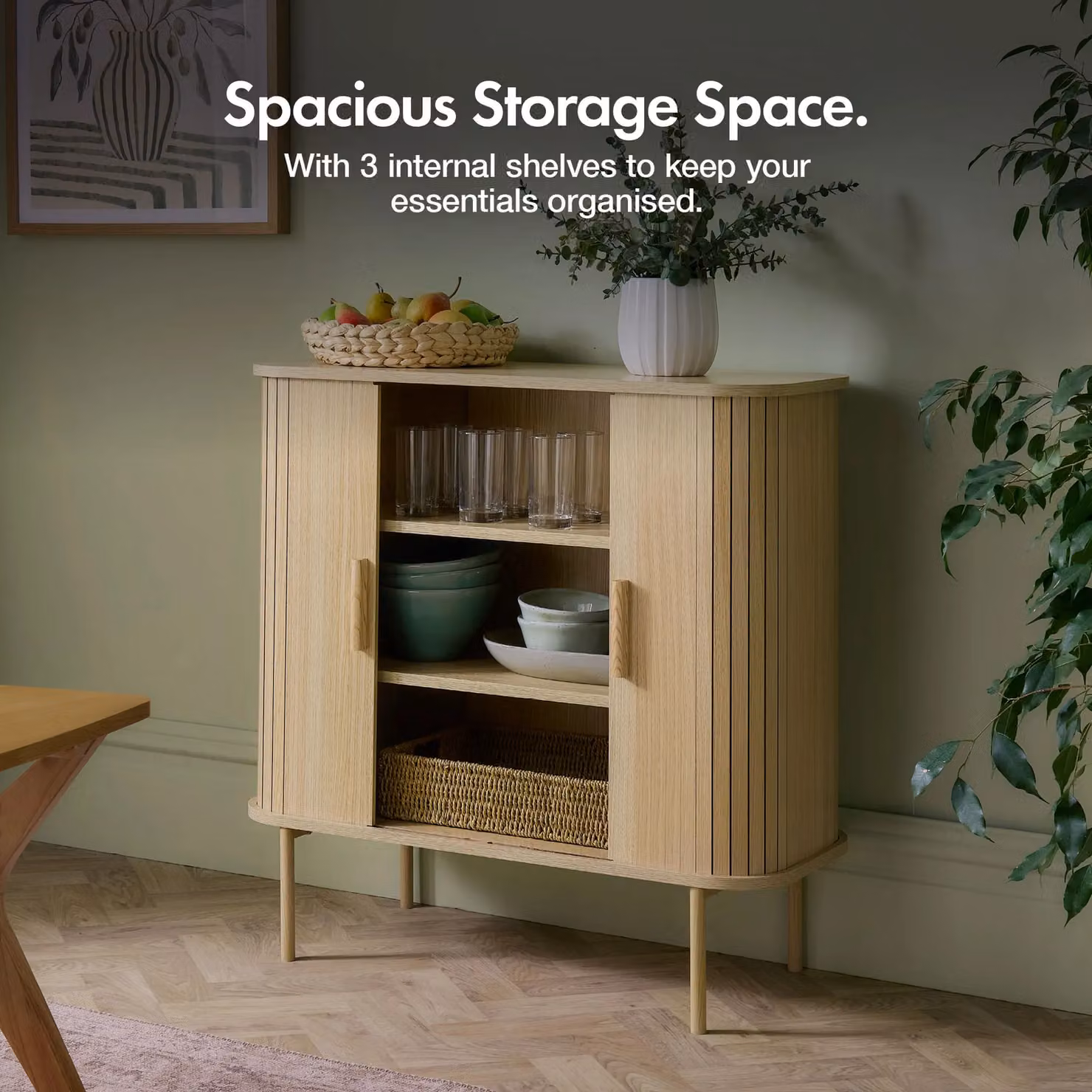 VonHaus Landos Tambour Design Storage Cabinet Sideboard with 3 Shelves in Natural Sand – 3