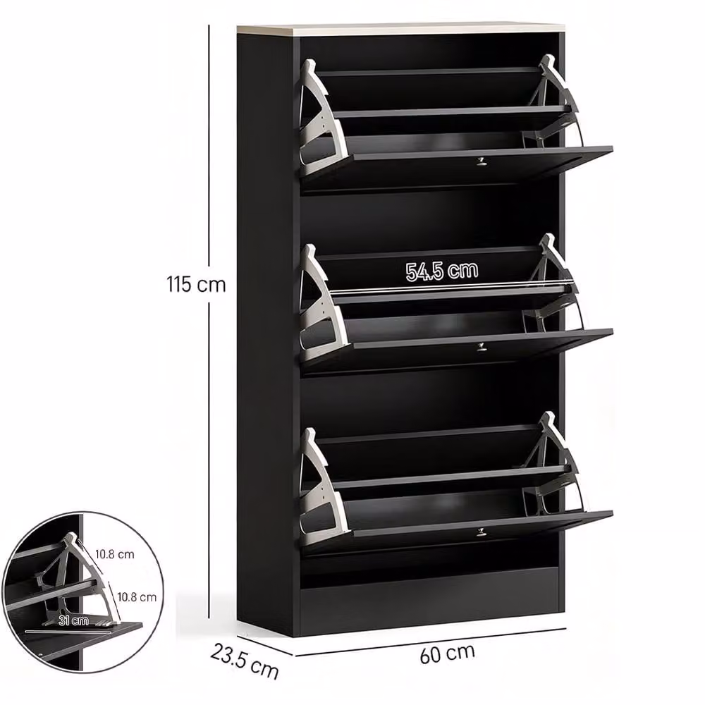 ERGOVEXA Modern Black 3-Drawer Shoe Storage Cabinet with Tilting Compartments, W/D/H: 60.0 x 23.5 x 115.0 cm – 1