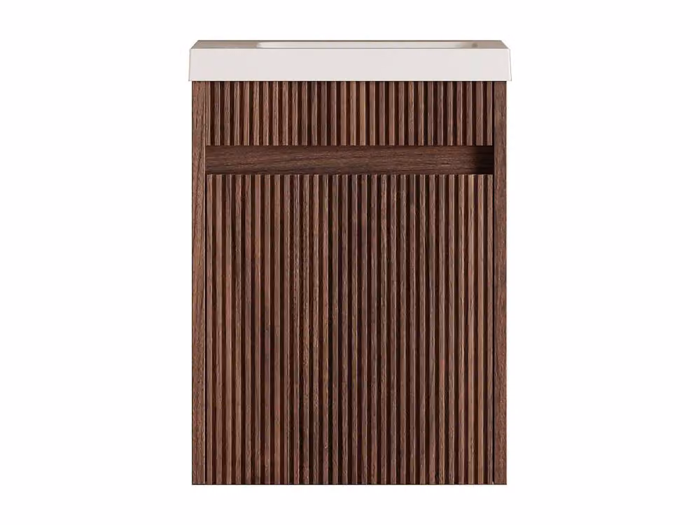 Vente-unique Ribbed Wall-Hung Cloakroom Basin Unit in Ash Wood with Matt White and Walnut Finish – 2