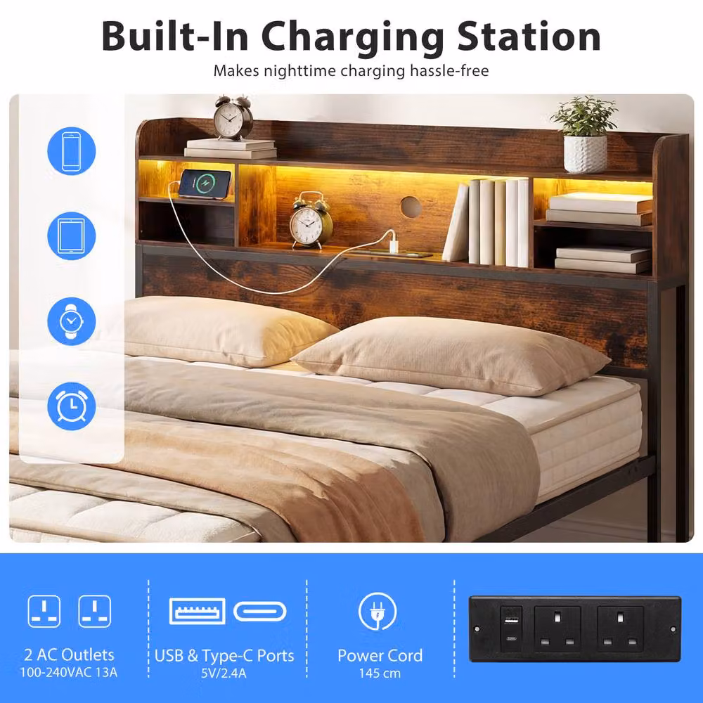 Costway King Size Metal Bed Frame in Brown with LED Lights, USB Charging Port and Side Compartments, W/D/H: 180 x 200 cm – 6