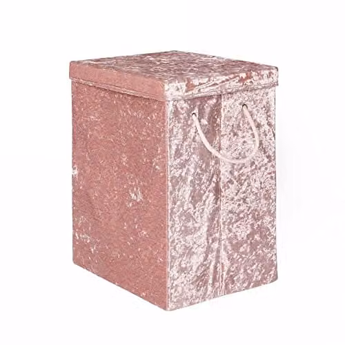 OHS Collapsible Crushed Velvet Laundry Basket with Lid and Handles, Pink, W: 50 cm, D: 45 cm, H: 30 cm – 1