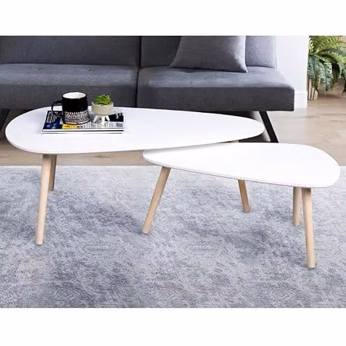 SPOT ON DEALZ Nest of 2 White Modern Tear Drop Coffee Tables with MDF Tops and Pine Wood Legs W/D/H: 100 x 50 x 40 cm and 50 x 40 x 40 cm – 2