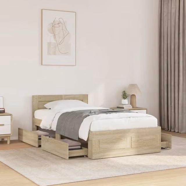 Berkfield Home Single Bed Frame with Headboard in Sonoma Oak, Brown, W/D/H: 90 x 190 cm