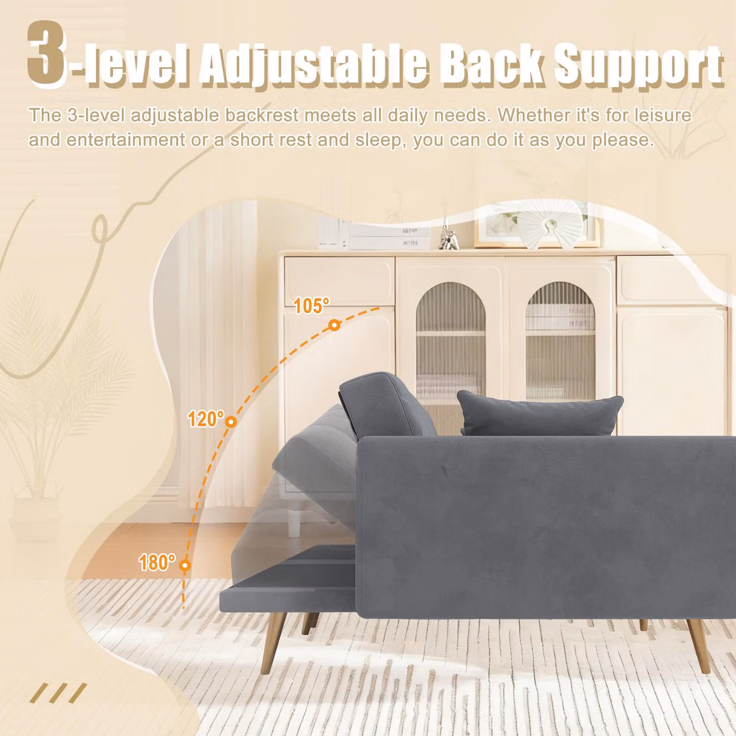 Aosom UK Modern 2-Seater Sofa Bed in Grey with 3-Position Adjustable Backrest and Thick Foam Cushions, W/D/H: 165 x 72.5 x 75 cm – 6
