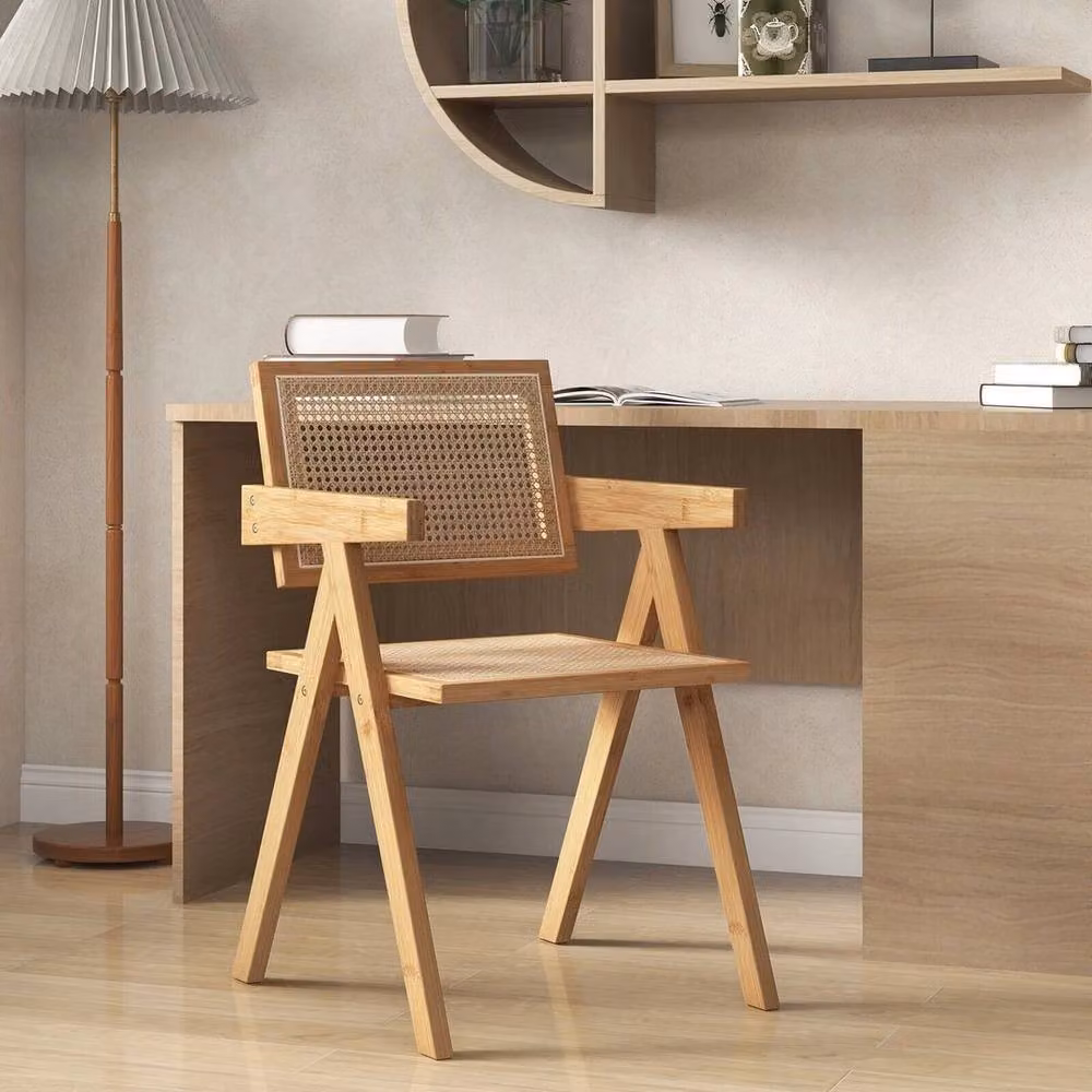 KORVIXA Set of 2 Mid-Century Dining Chairs in Natural Bamboo and Rattan with Armrests – 2