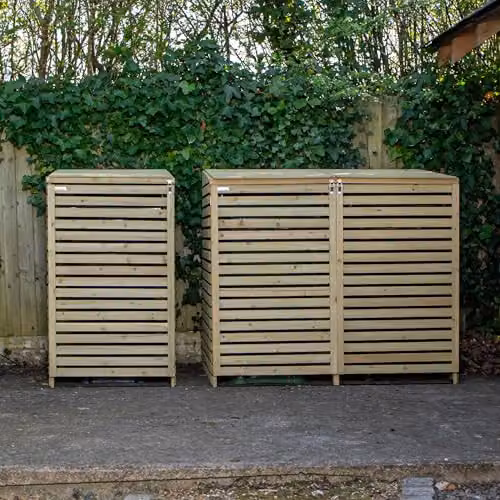 Samuel ALEXANDER Brown Wooden Triple Wheelie Bin Store for 3 Bins (1 Single and 1 Twin), W: 202 cm, D: 122 cm – 1