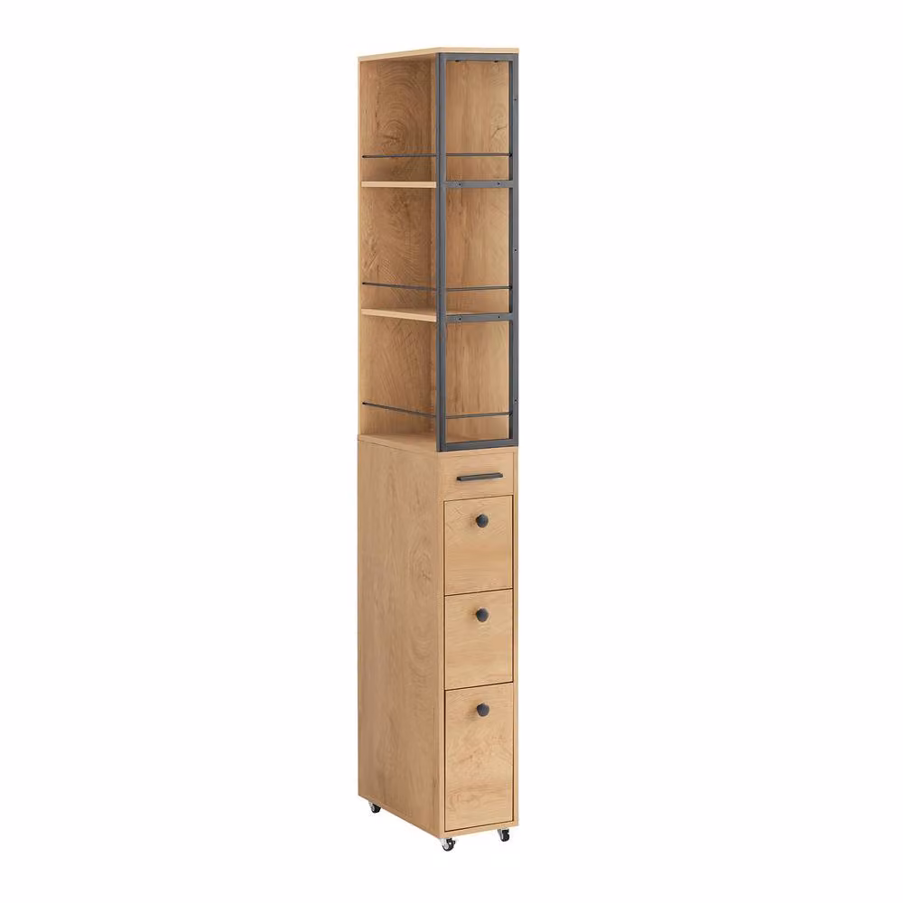 SoBuy Narrow Tall Storage Cabinet with Drawers and Wheels in Light Oak – 2