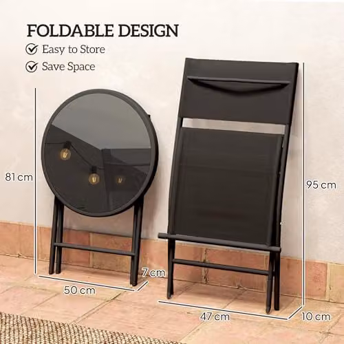 Outsunny 3 Piece Outdoor Bistro Set with Glass Top Round Table and 2 Folding Chairs in Black – 3