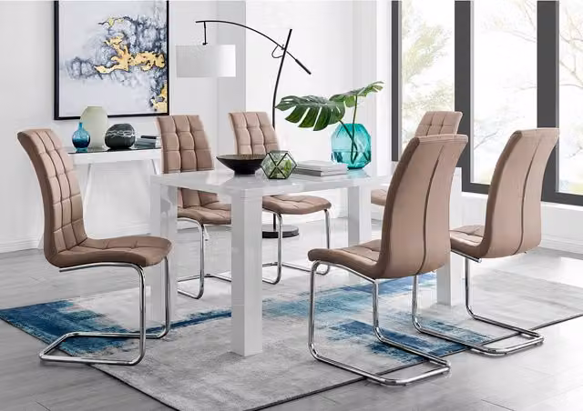 FurnitureboxUK Pivero White High Gloss Rectangular Dining Table and 6 Murano Chairs in Cappuccino