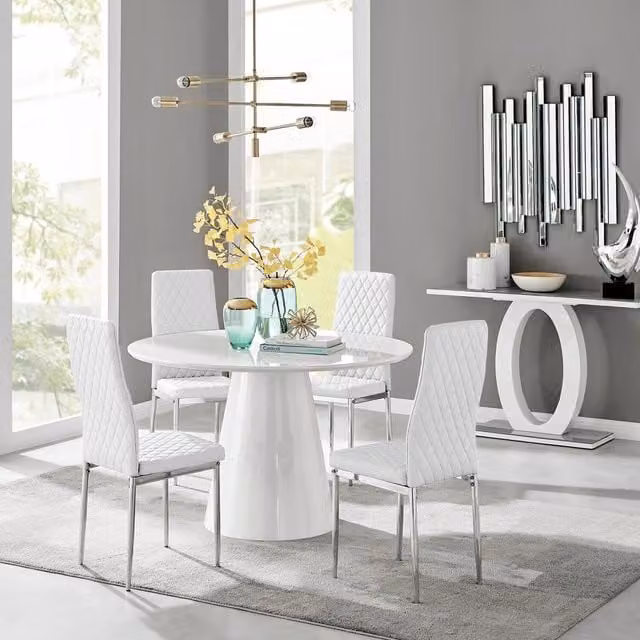 FurnitureboxUK Palma White High Gloss Round Dining Table and 4 Milan Chrome Leg Chairs Set