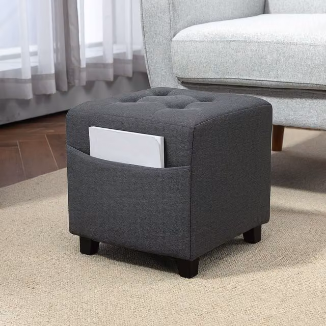 HOMCOM Grey Square Fabric Ottoman Footstool with Padded Seat