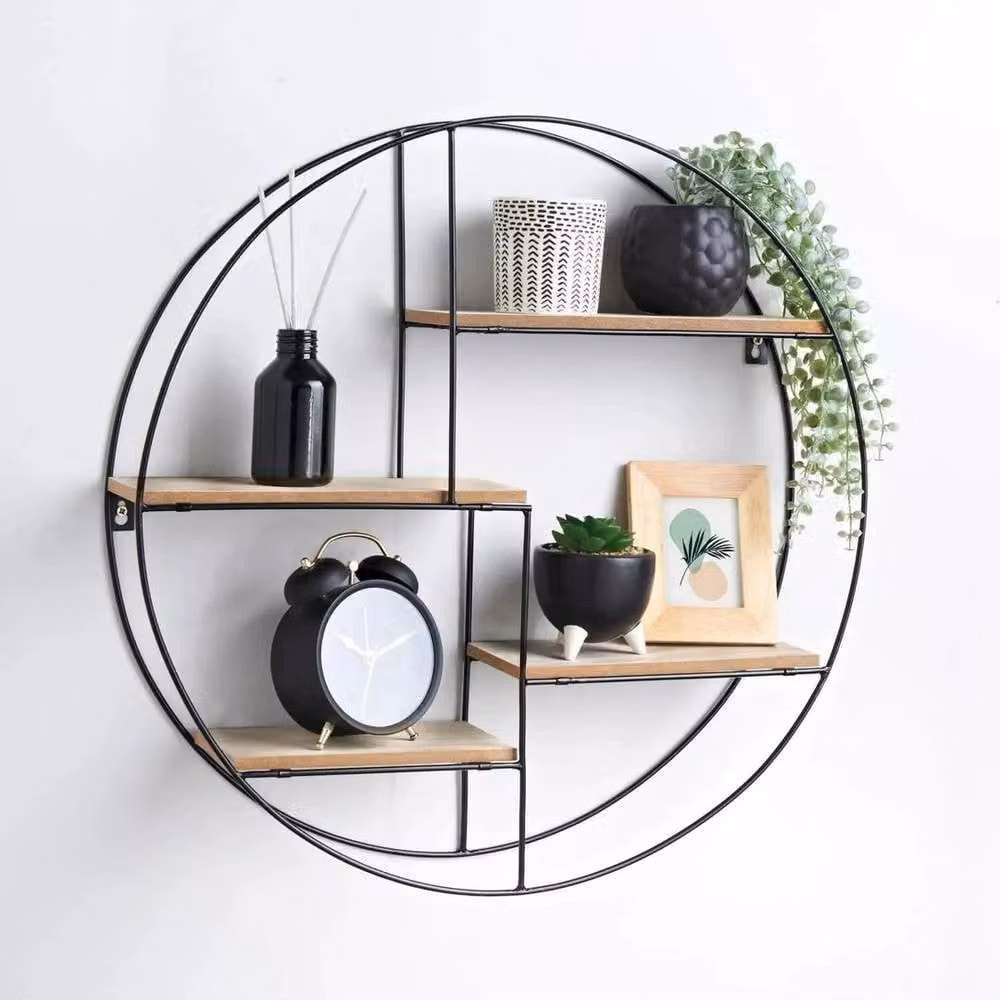 NESTLUNE Round Multi Section Metal Wire Wall Mounted Shelf in Black, 100 x 100 cm – 2
