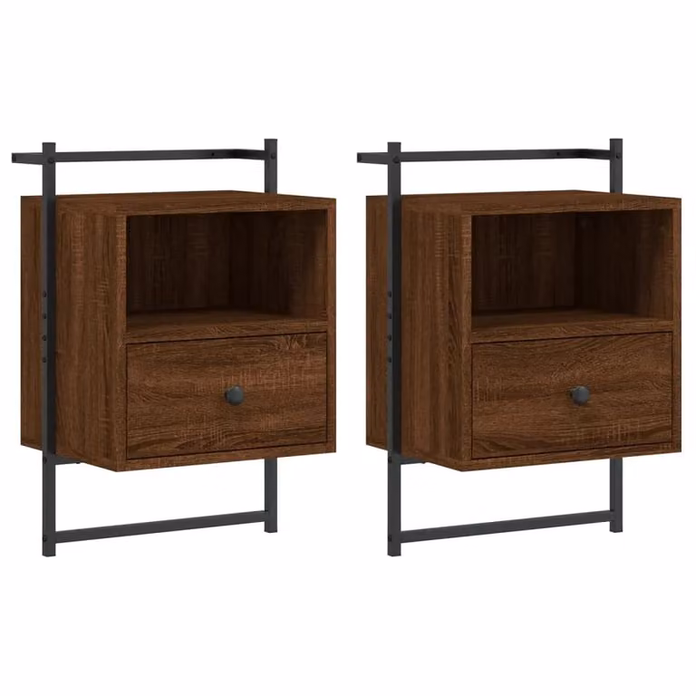 Berkfield Home Set of 2 Wall-mounted Bedside Cabinets in Brown Oak, W/D/H: 40 x 30 x 61 cm