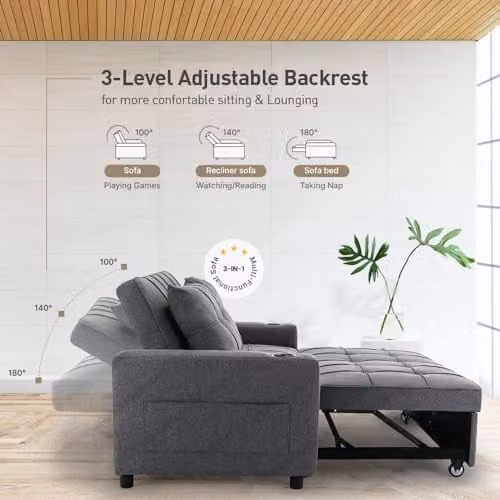 More4Homes Hudson 2-Seater Click Clack Sofa Bed in Grey Linen Fabric with Cup Holders – 5