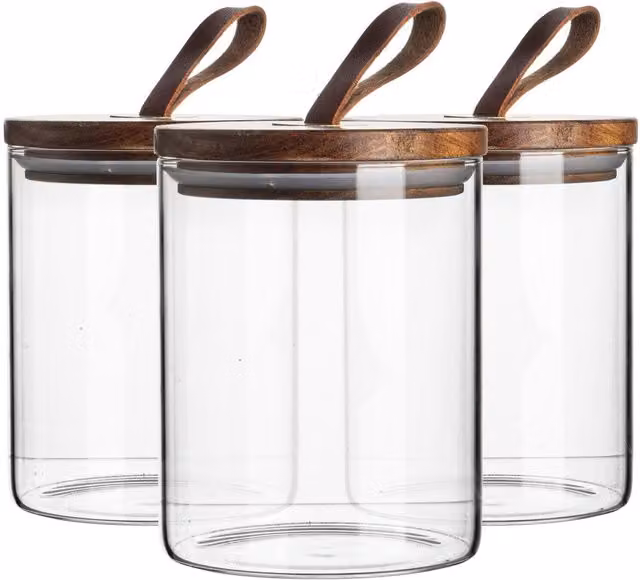 Argon Tableware Airtight and Leakproof Glass Storage Jar with Wood Lid, Transparent and Brown, 0.75 l (Pack of 3)
