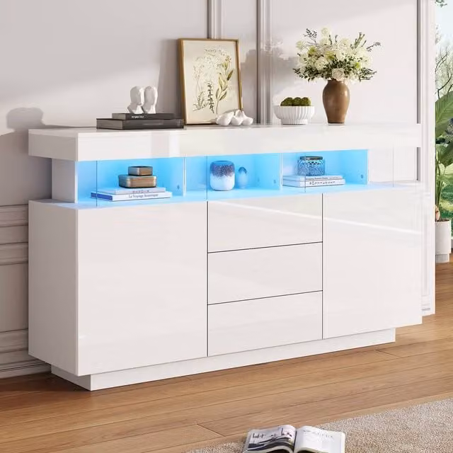 BTM High Gloss White Sideboard with Integrated LED Lights, Drawers and Adjustable Shelves, W: 140 cm, H: 80 cm, D: 35 cm – 1