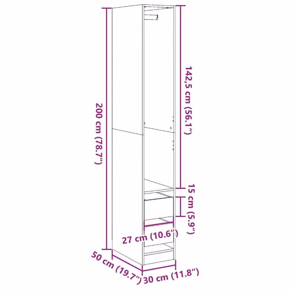 Berkfield Home Sonoma Grey Wardrobe with Integrated Drawers, W/D/H: 30 x 50 x 200 cm – 3