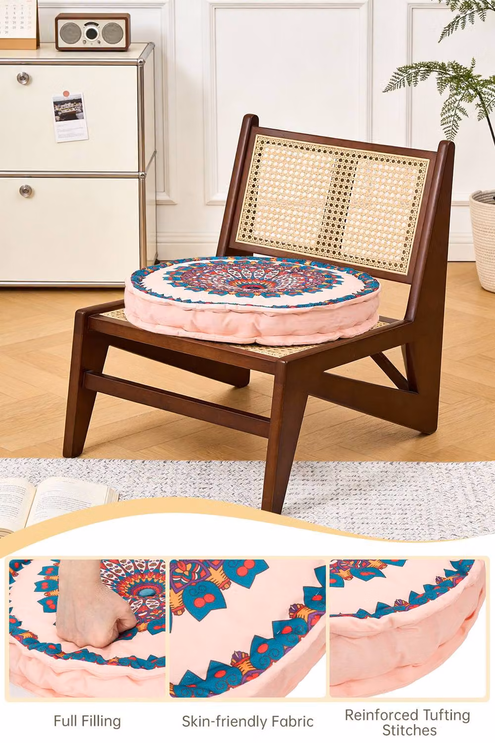 Living and Home Ethnic Geometric Round Tatami Seat Cushion in Pink – 2