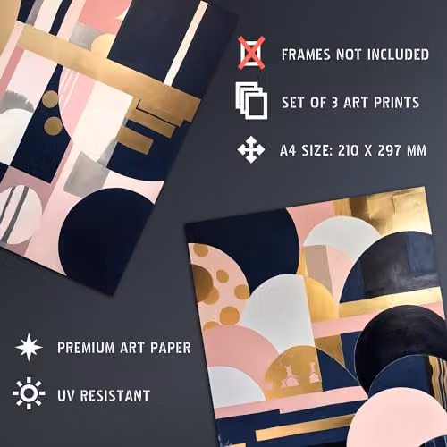 Artery8 Set of 3 A4 Abstract Art Deco Geometric Wall Art Prints in Gold, Pink and Navy Blue – 4