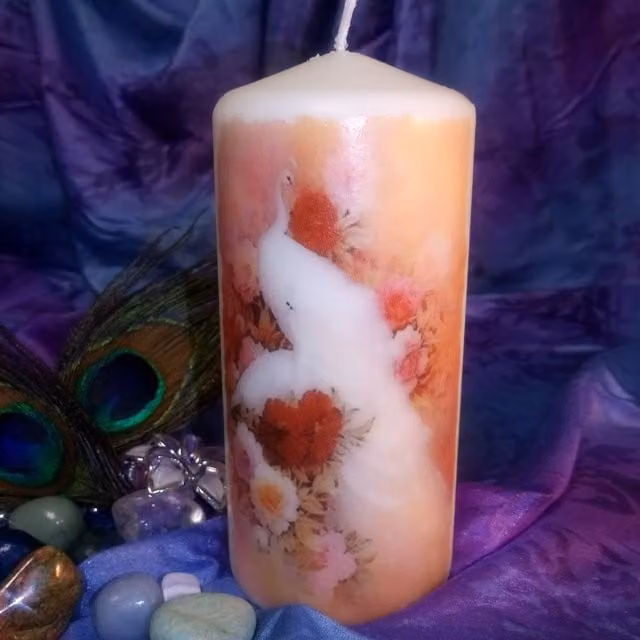 Viki White and Multicolour Peacock Pillar Candle