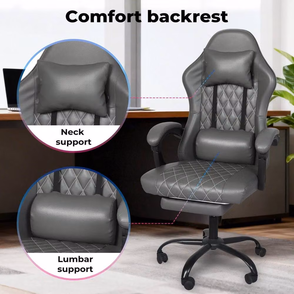 VOGREX Grey Synthetic Leather Adjustable Swivel Recliner Gaming and Office Chair – 3