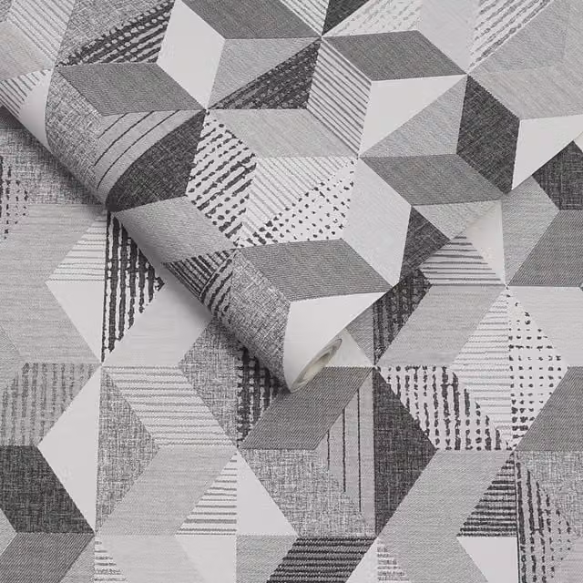 Superfresco Tribal Geometric Mono Wallpaper in Grey, Black and White