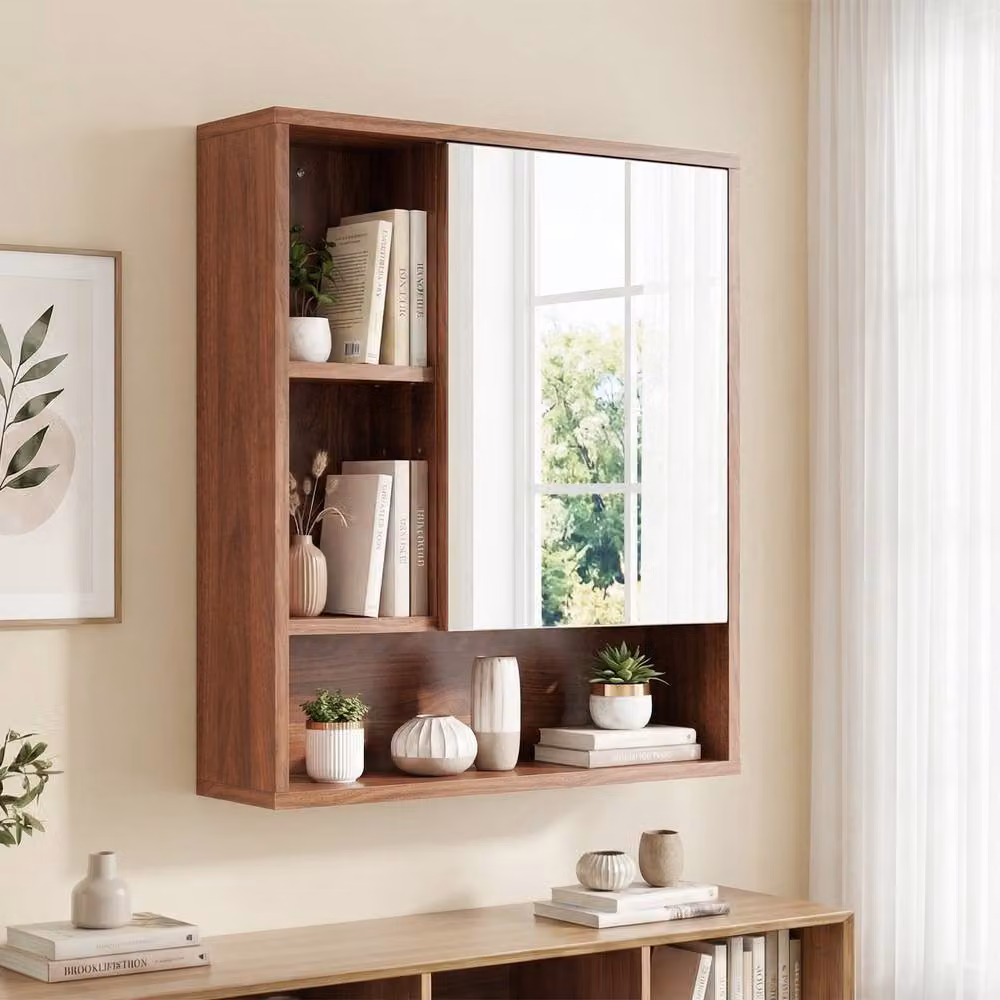 Gymax Brown Wall Mounted Medicine Cabinet with Mirror and Internal Shelves – 3