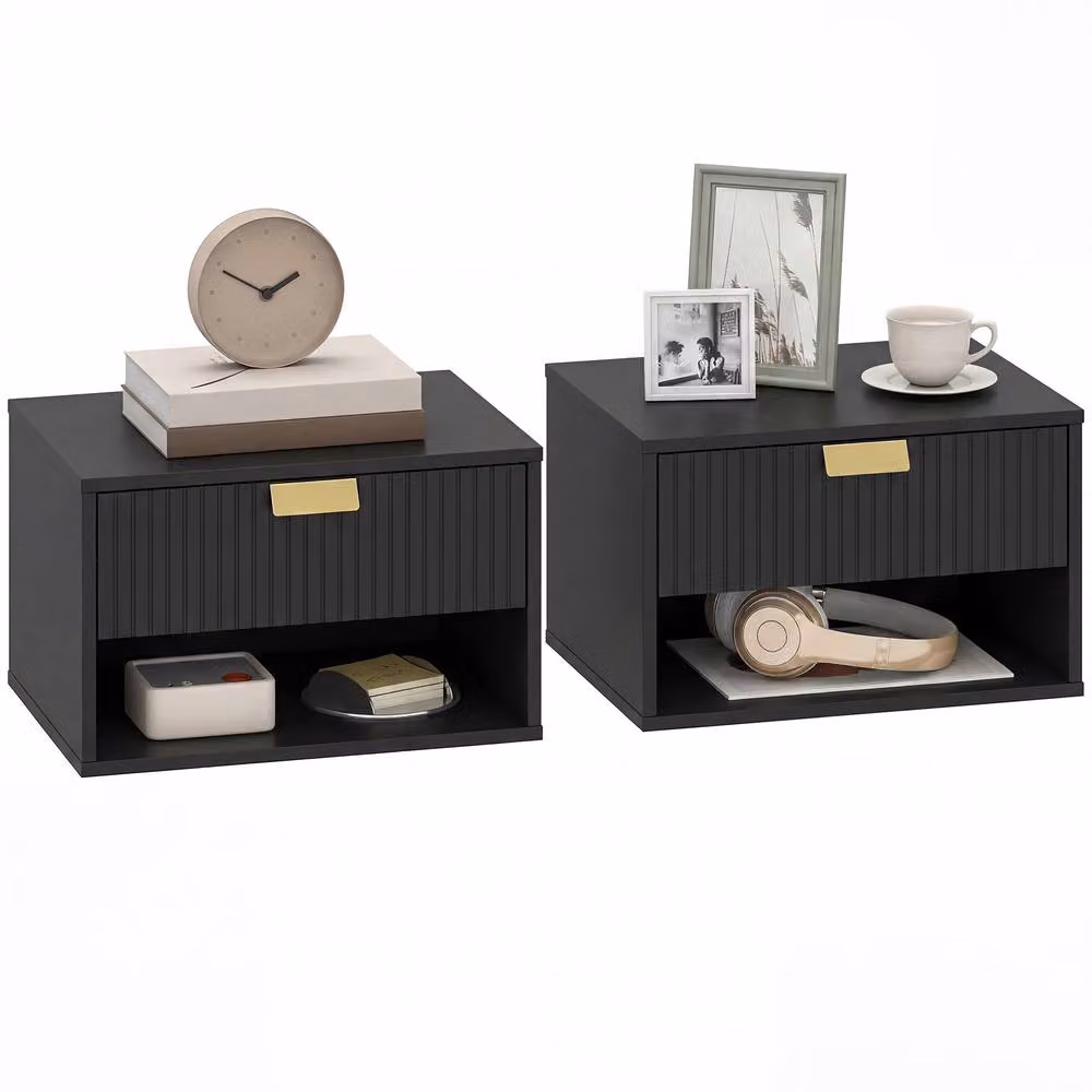 HOMCOM Set of 2 Floating Bedside Tables with Fluted Drawer and Open Shelf in Black, W: 40 cm, D: 30 cm – 2