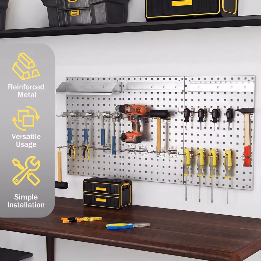 VOGREX Wall-Mounted Metal Pegboard Organizer, 3 Boards, Silver – 3