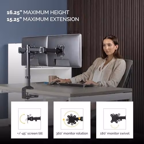 Fellowes Dual Monitor Arm Reflex Mount in Black for up to 30 inch Screens, VESA 75 x 75 mm and 100 x 100 mm – 4