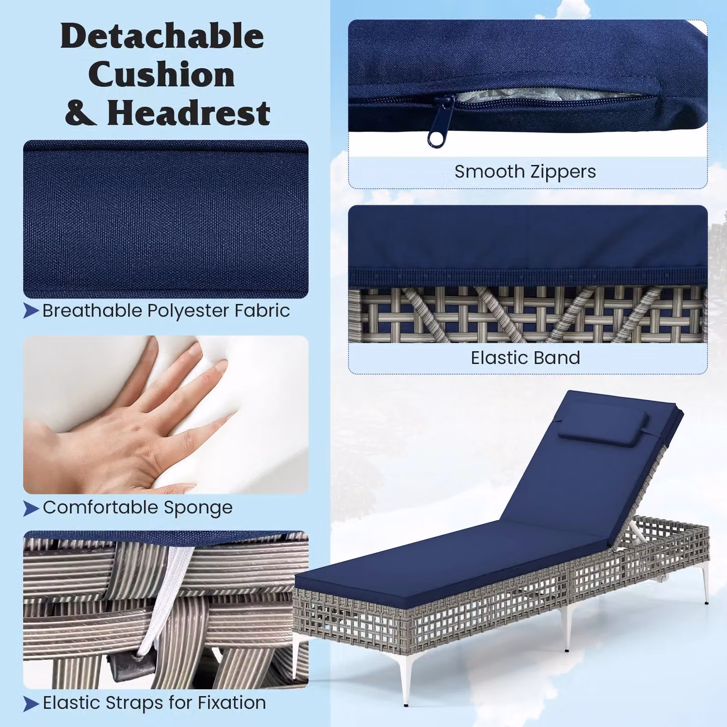 Costway Navy Blue Rattan Sun Lounger with 6-Level Adjustable Headrest – 9