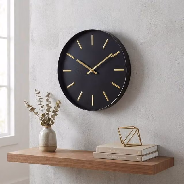 Garden Greatness Vitus Modern Round Quartz Wall Clock in Muted Gold and Black, Diameter: 30.5 cm