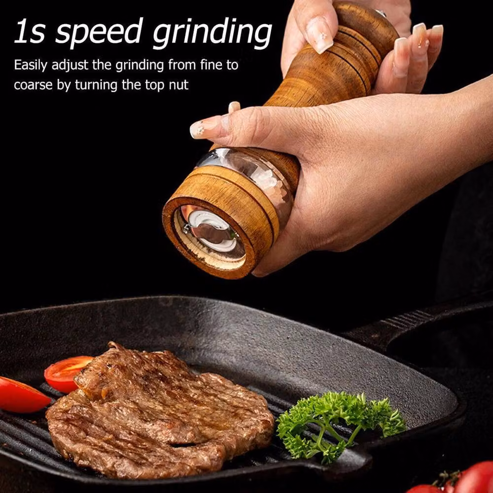KORVIXA 2-Piece Brown Oak Wood Manual Pepper Mill Set – 3