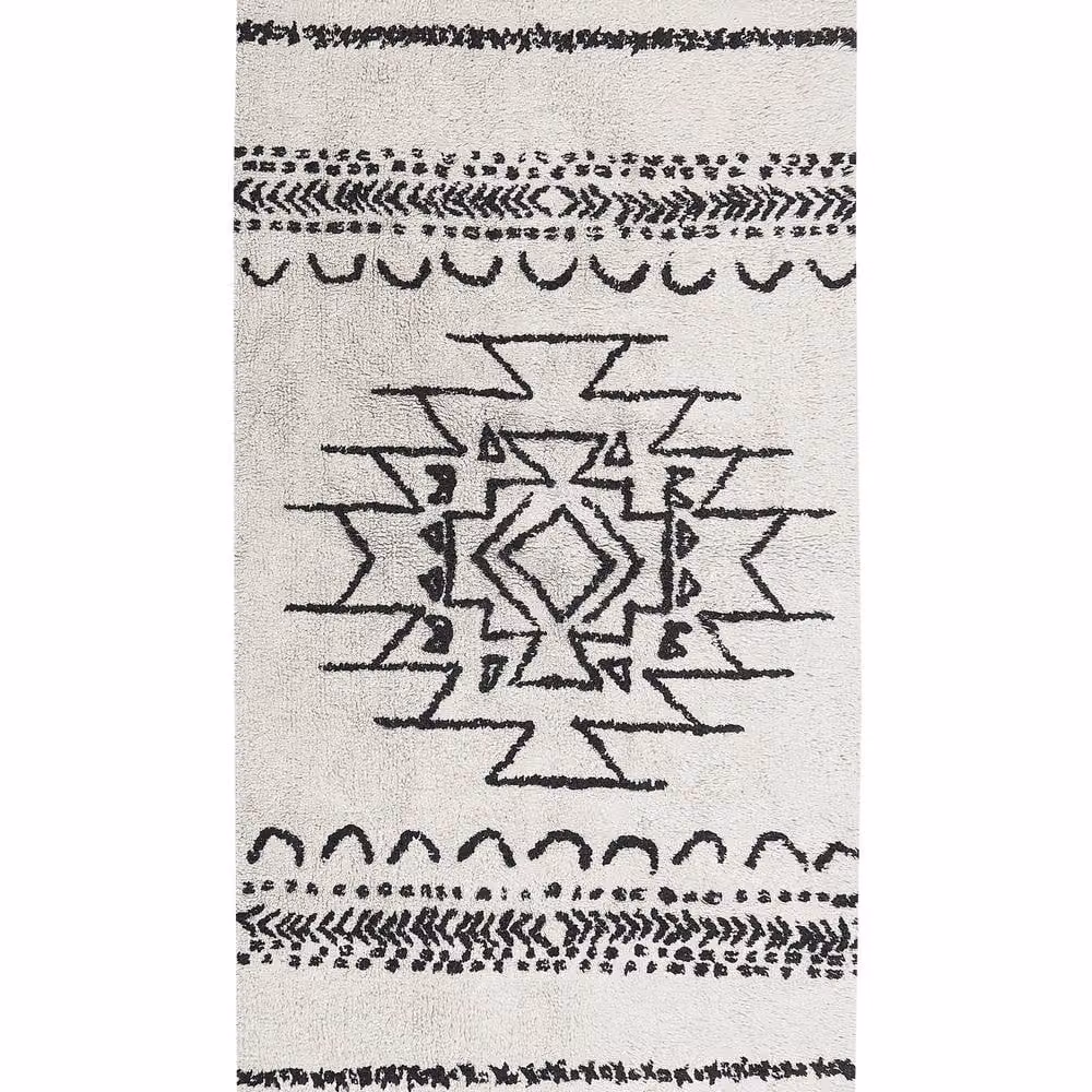 Wyld and Coco Cotton Geometric Rug with Tassels in White and Black, W: 80 cm, L: 150 cm – 2