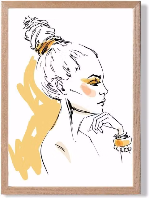 ARTZE Girl Fashion Pen and Ink Sketch Framed Print, Yellow and Multicolour, Oak Frame, A4