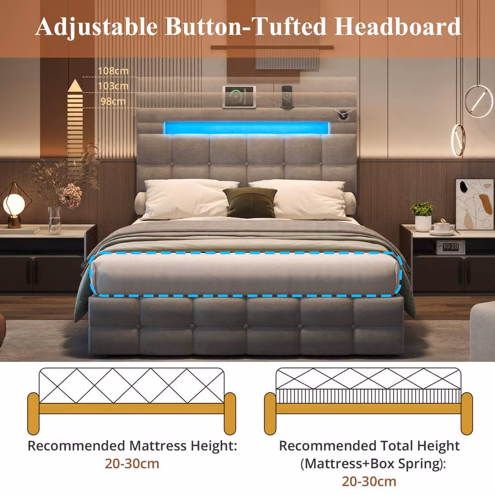 BTM Grey Velvet Double Bed with Hydraulic Storage, LED Lighting and USB Charging Headboard, W/D/H: 142 x 190 x 39.5 cm – 2