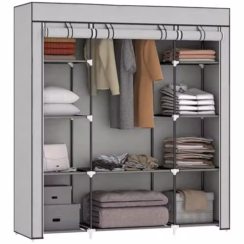 HOMCOM Portable Roll Shutter Wardrobe in Grey with Hanging Rod and Internal Shelves, W/D/H: 150 x 43 x 162.5 cm – 1