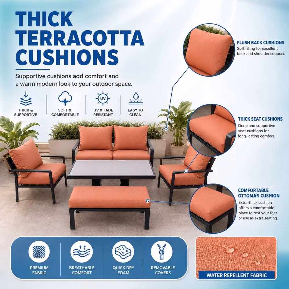 Shatchi 4 Seater Aluminium Garden Sofa Set with Gas Lift Table and Terracotta Cushions – 7