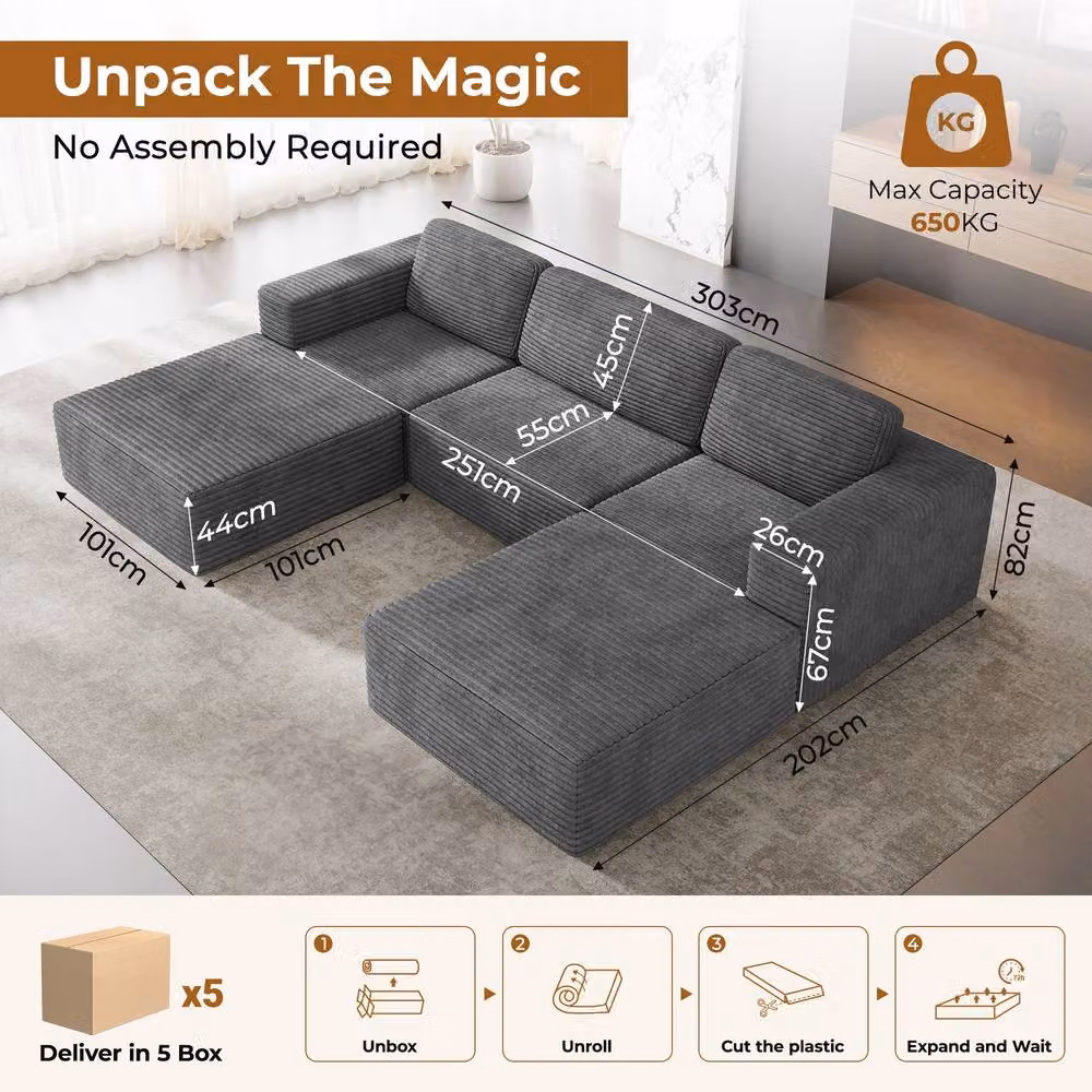 Dprodo Grey Corduroy Modular U-Shape Sofa with Matching Ottoman and Removable Covers – 2