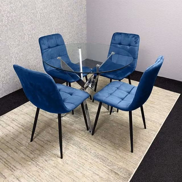 KOSY KOALA Round Glass Dining Table and 4 Blue Velvet Chairs Set in Brown – 1