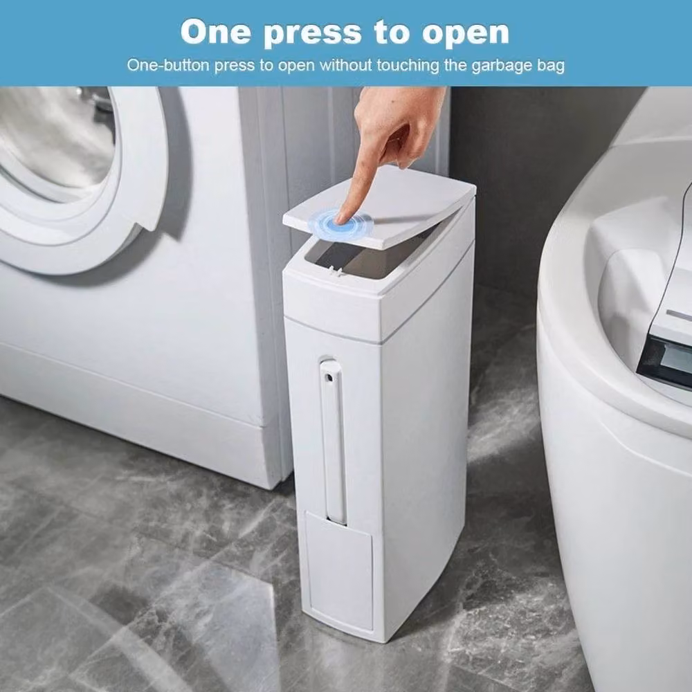 KORVIXA Slim White Plastic Waste Bin with Lid and Cleaning Brush – 3