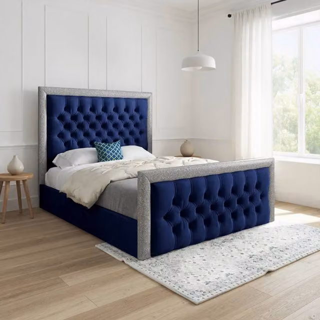 Casani Thorpe Upholstered Blue Velvet Designer Bed Frame W/D/H: 200 x 90 x 137 cm