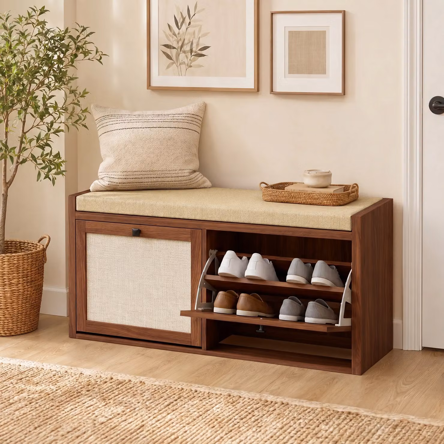 HOMCOM Rattan Shoe Bench with Padded Cushion and 2 Cabinets for Hidden Storage, Brown, W/D/H: 102 x 50 x 45 cm – 2