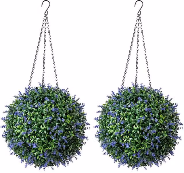 Christow Artificial Lavender Topiary Hanging Plants, Set of 2, Purple and Green, Diameter: 28 cm
